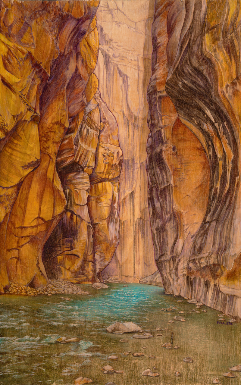 The Narrows Zion National Park 18x29 framed colored pencil artwork